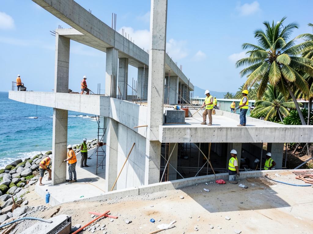 Workers in hard hats on a concrete building under construction