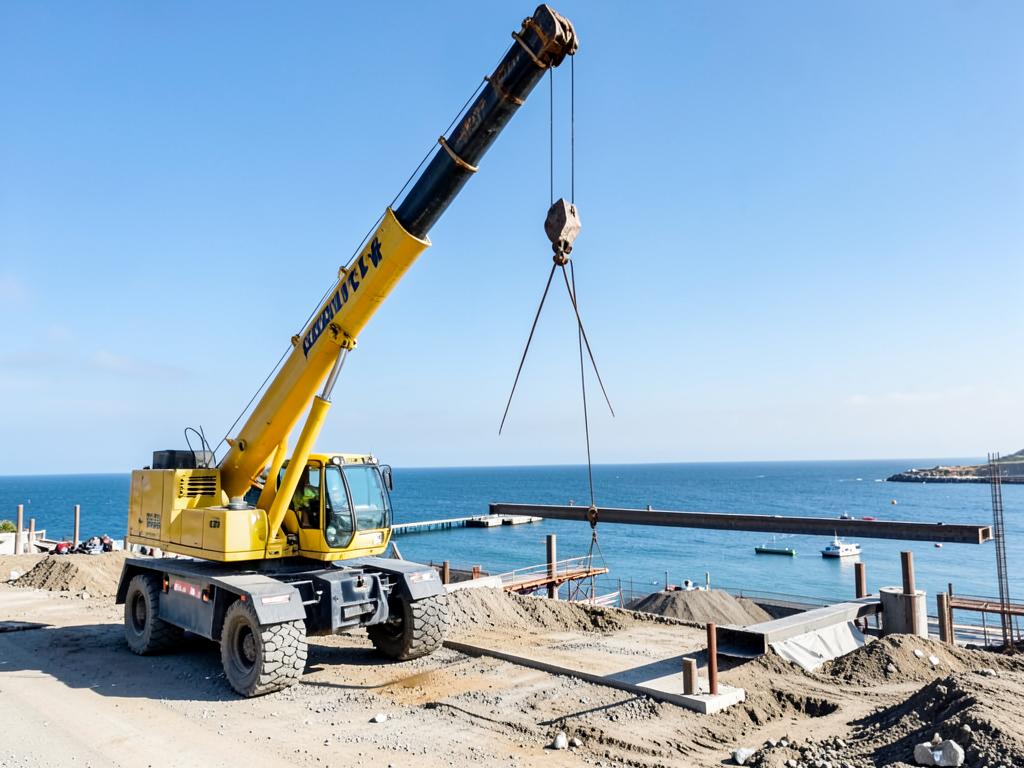 Mobile crane lifting a steel beam on a coastal construction site