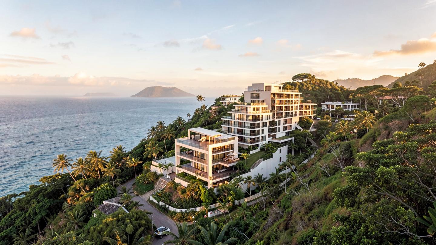 Modern low-rise development overlooking a Caribbean bay