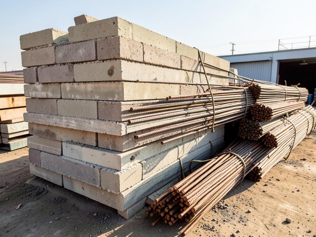 Stacked concrete blocks and rebar in a materials supply yard